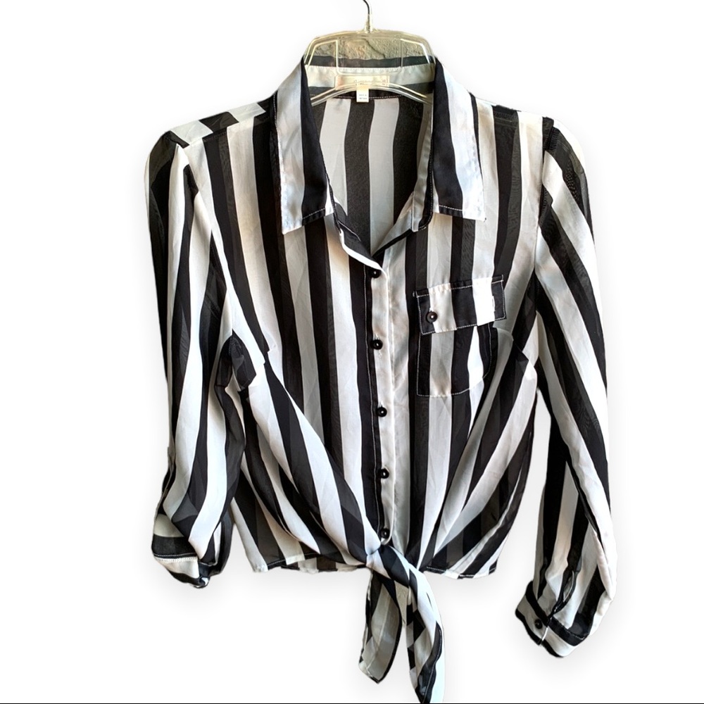 [Timing] semi sheer striped blouse black and white